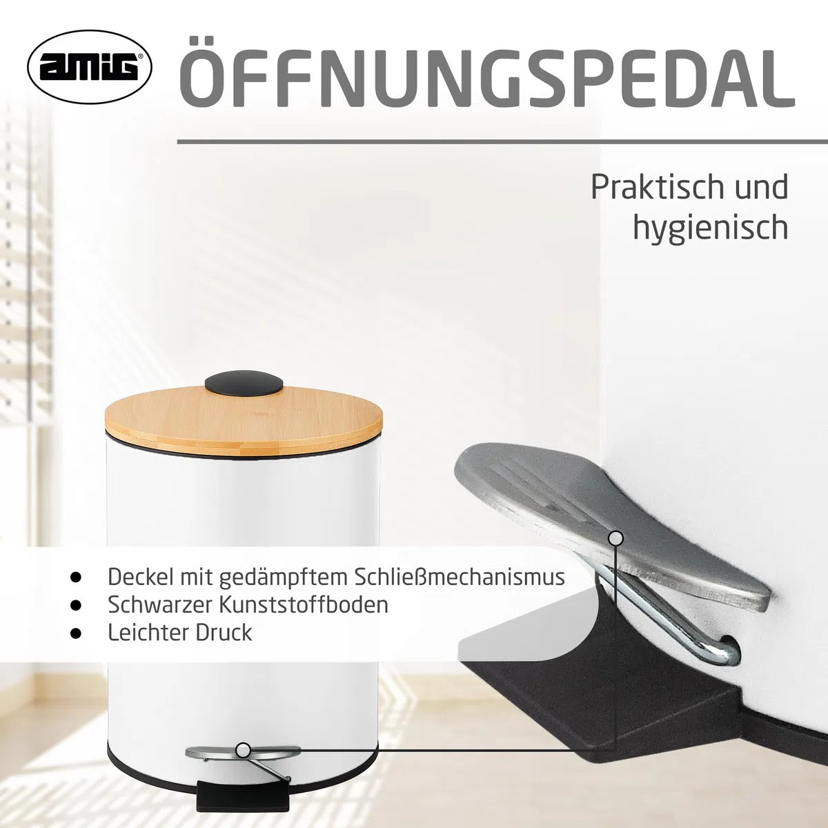Amig - Kosmetikeimer mit Pedal 3L Naturline - Weiß und Bambus - Hygienische Öffnung - Ø16,8 x 23 cm - Lackierter Edelstahl - Runder Badeimer Mülleimer mit Deckel