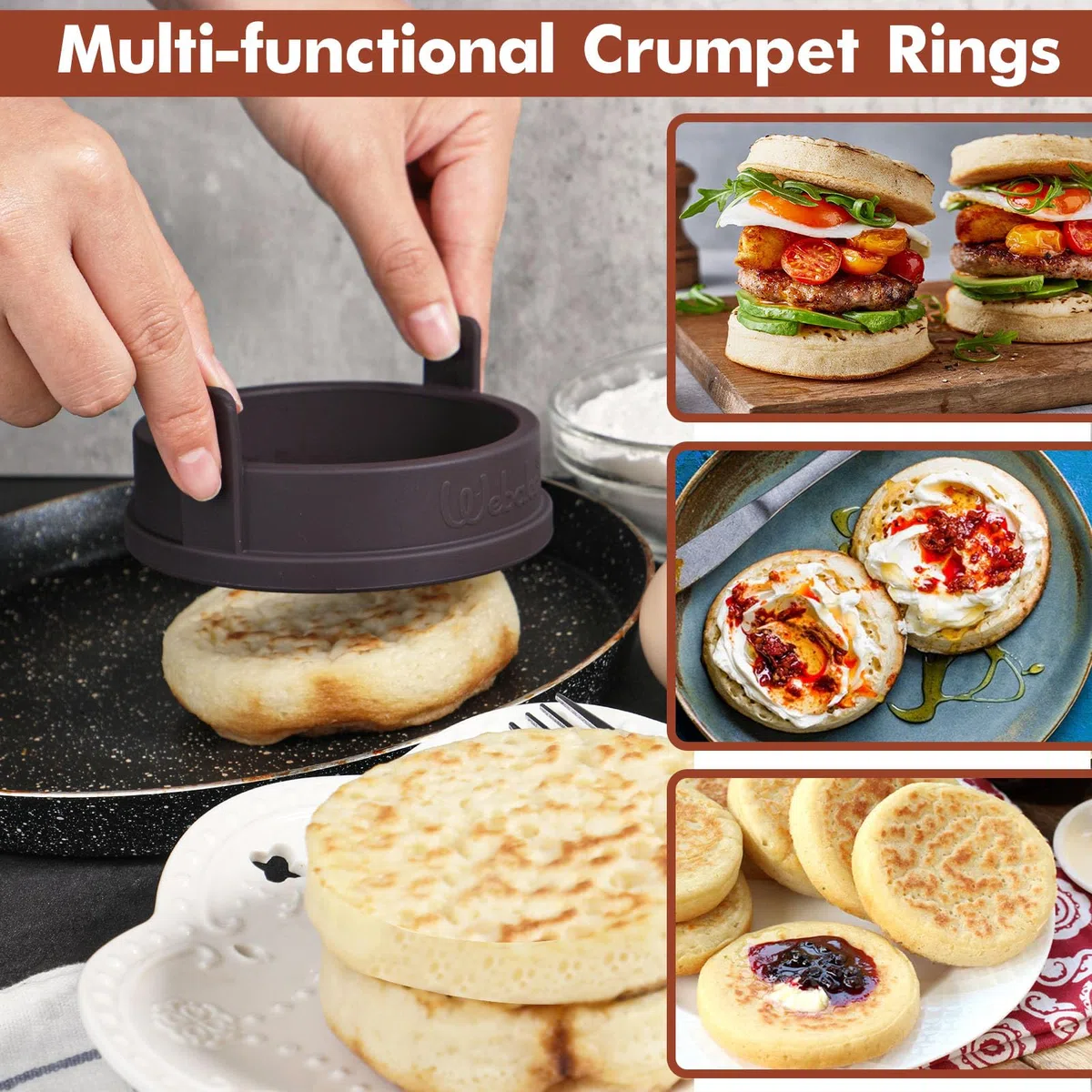 Webake Crumpet Ringe Silikon 4 Stück 9cm Pancake Form für pfanne Spiegeleierformen Eierringe Eier Ring für Crumpet Pancake Eier