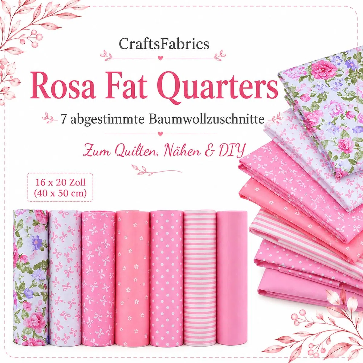 Patchwork Stoffe Paket – 7 Stück 40×50 cm – 100% Baumwolle Stoffe – Fat Quarter Stoffpaket Rosa Punkte & Blumen – Baumwollstoff für Nähen, Quilten, Patchwork, Basteln, DIY Projekte