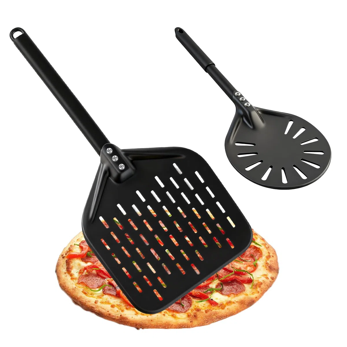 Pizzaschieber Perforiert set, Pizzaschaufel Aluminium mit Komfortabler Abnehmbaren Griffe, Wird mit Pizzawender 6' und Pizza Schieber 12', Geeignet für Wenden und Transportieren von Pizza
