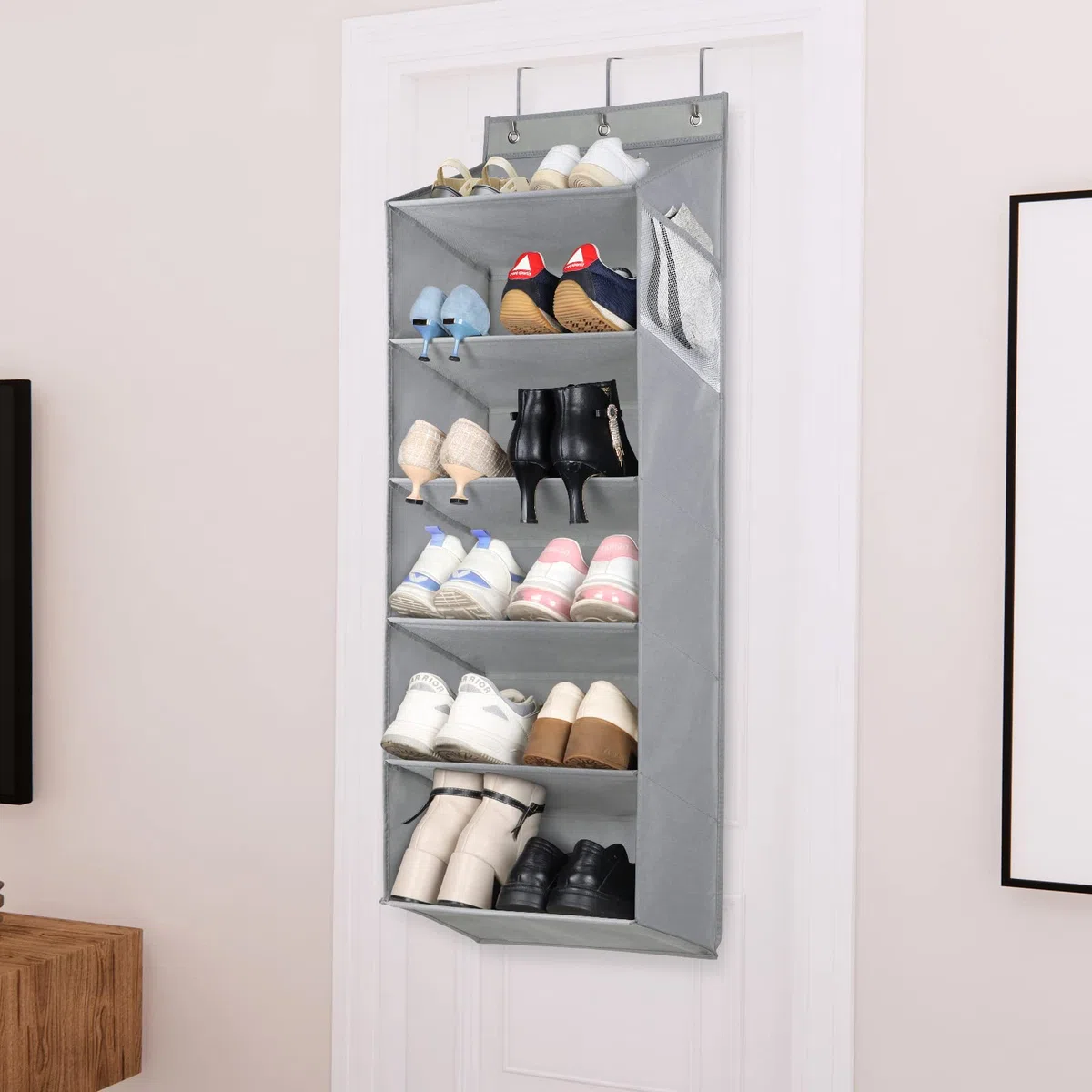 KEEGH Organizer über der Tür für Schuhe Türschuhregal mit 6 Tiefen Taschen für 12 Paar Schuhe, Hängender Schuhschrank für Turnschuhe, Stiefel, Grau
