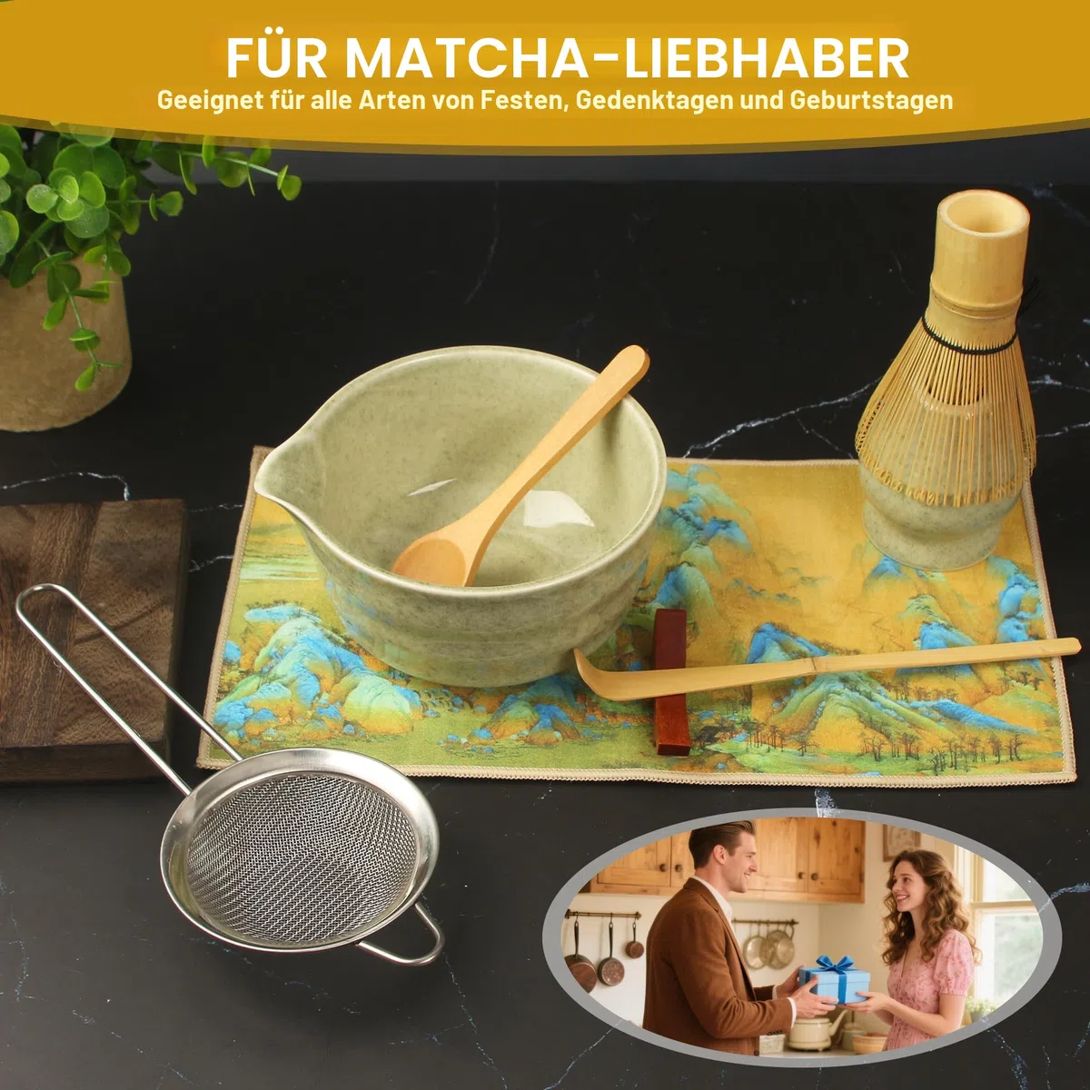 Matcha-Set,8 Piece Matcha Besen Set,Matcha Schale mit Auslauf Japanisches Matcha Tea Set Matcha Besenhalter, Sieb, Schaufel, Tea Set,Teetuchunterlage,Für Teeliebhaber Anfänger