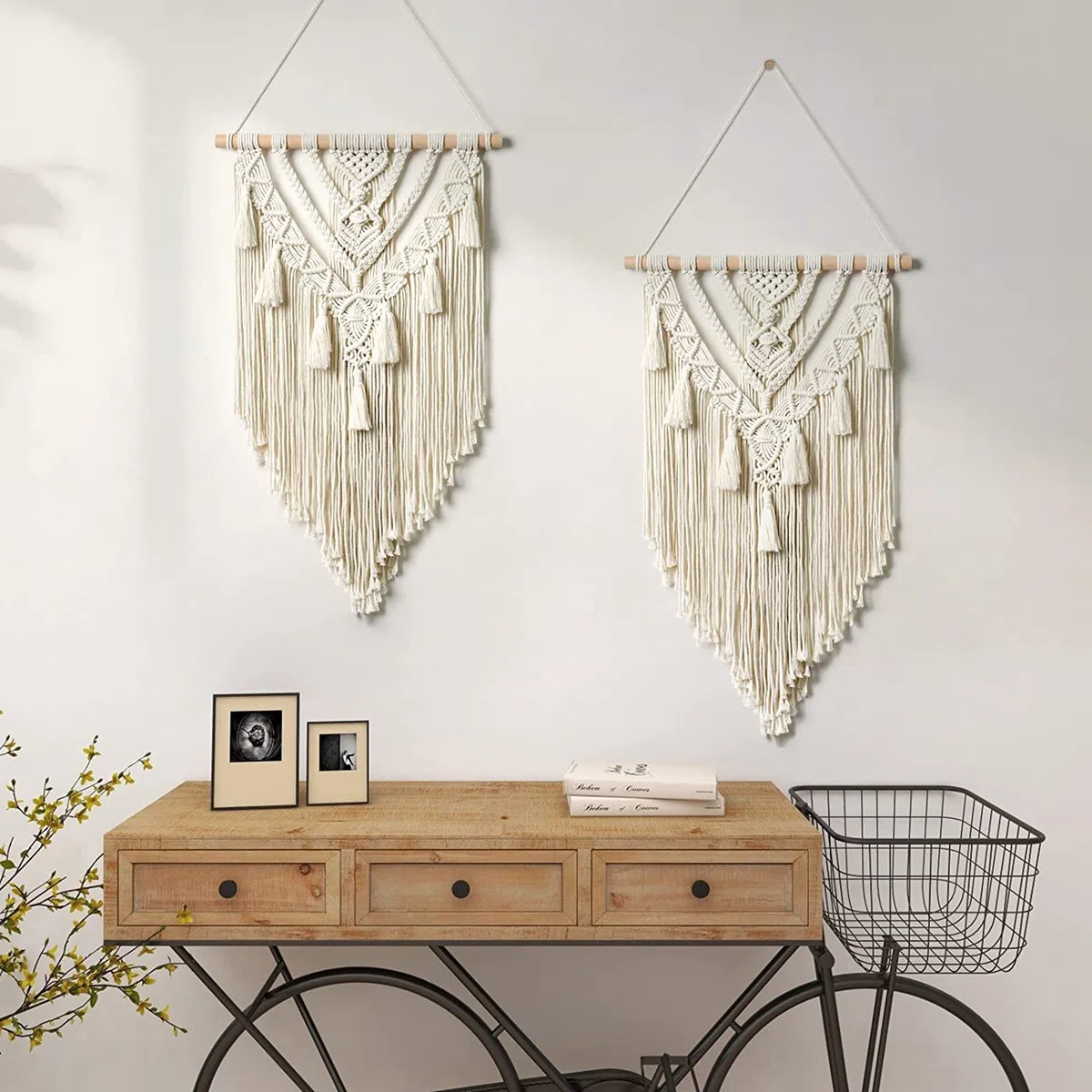 Dremisland Boho Makramee Wandbehang Geometrischer Gewebte Wandteppich Beige Baumwolle Wandteppich Wandkunst Tapisserie Quasten Tapestry Wandbehang für Schlafzimmer Wohnzimmer
