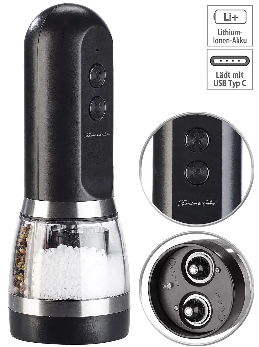 Rosenstein & Söhne Pfeffermühle USB: 2in1-Akku-Salz- & Pfeffermühle mit zwei getrennten Kammern, schwarz (elektrisch, Multifunktionelle Gewürzmühle, BBQ)