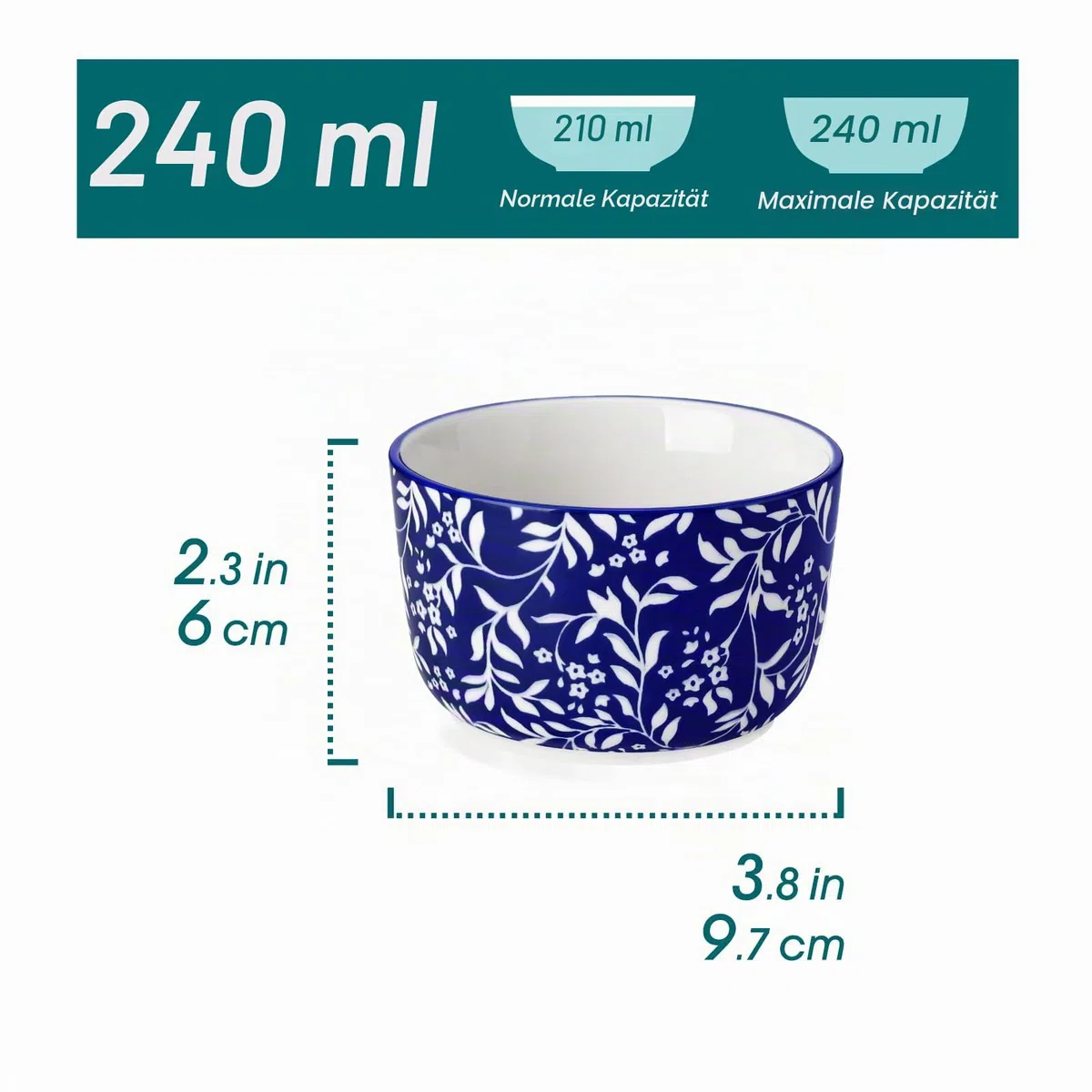 Creme Brulee Schälchen 6 Stück, vancasso SELENE Souffle Förmchen Backofenfest 240ml, Ofenfeste Förmchen Ø 10cm, Ragout Fin Schalen aus Porzellan, Mikrowellenfest und Spülmaschinenfest, Blau-weiß