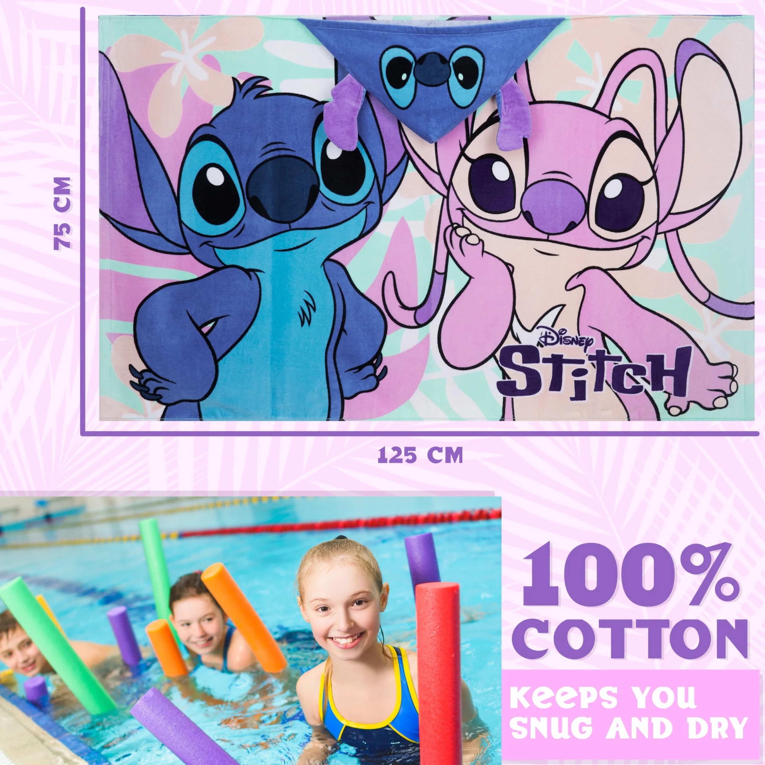 Disney Stitch Badetuch Poncho Badeponcho Kinder Strandtuch Mädchen mit Kapuze Weiches Schnelltrocknendes Handtuch für Strand Schwimmen (Blau/Mehrfarbig Stitch, 6-14 Jahren)