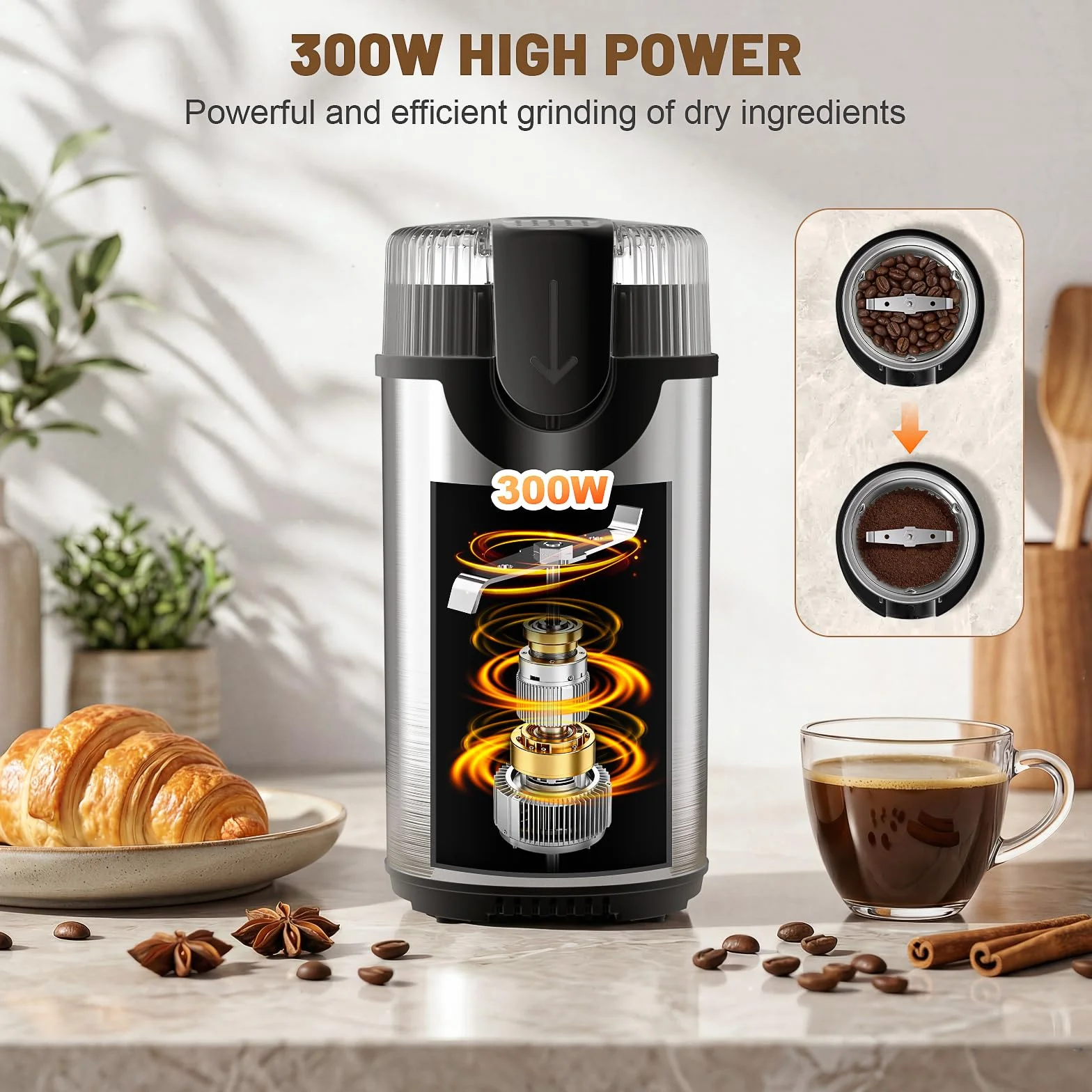 Elektrische Kaffeemühle 300W 80g für Kaffeebohnen und Gewürze | Kaffeemühle 304 Stahlklingen Kaffeebohnen Klingen One-Touch Bedienung Sicherheitsdeckel geeignet für Nüsse Körner Samen