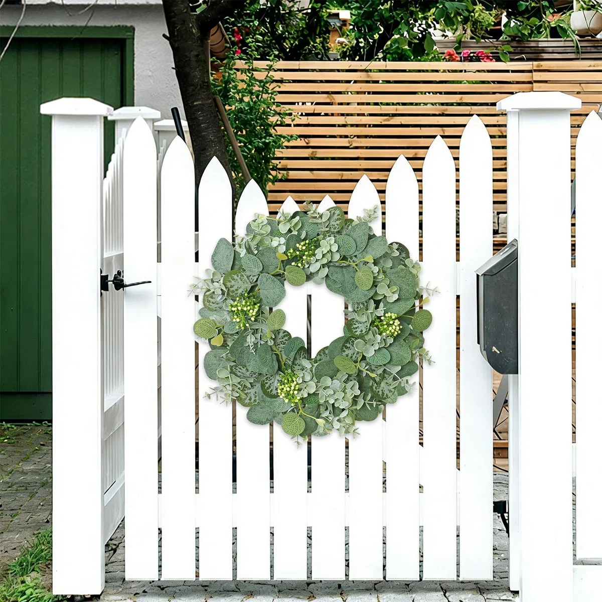 Kranz für Haustür 30cm Künstliche Eukalyptus Türkranz Frühlings Sommer Deko Grünkranz mit Beeren Grüner Blatt Willkommen Kränze Türkranz Ganzjährig für Wände Fenster Bauernhaus Türdekoration