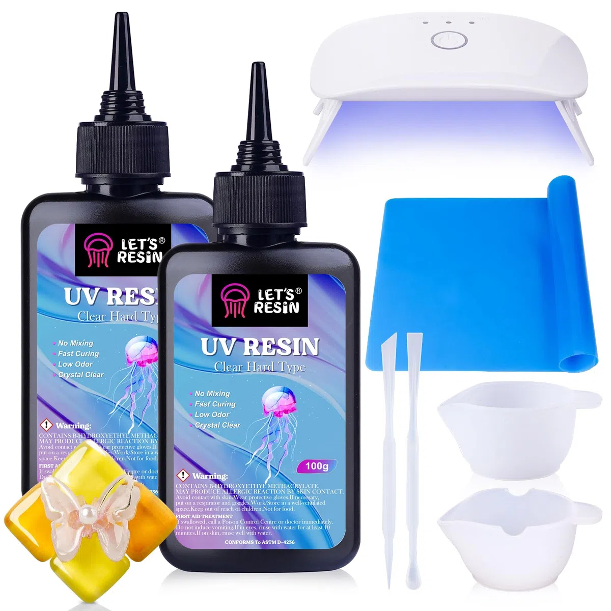 LET'S RESIN UV Resin Set Mit Lampe, Verbessertes 200g Kristallklares Kleber Set für Schmuck, Basteldekoration