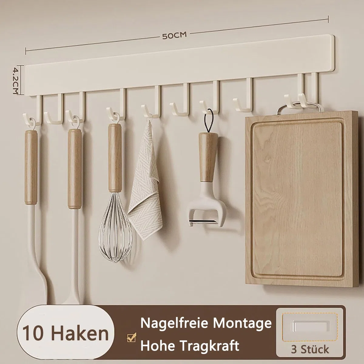 Hakenleiste Küche, 50 cm Hängestange Selbstklebend, Küchenstange mit 10 Beweglichen Haken, Küchenreling aus Aluminium Ohne Bohren, Hängeleiste für Löffel, Schaufel, Küchenutensilien
