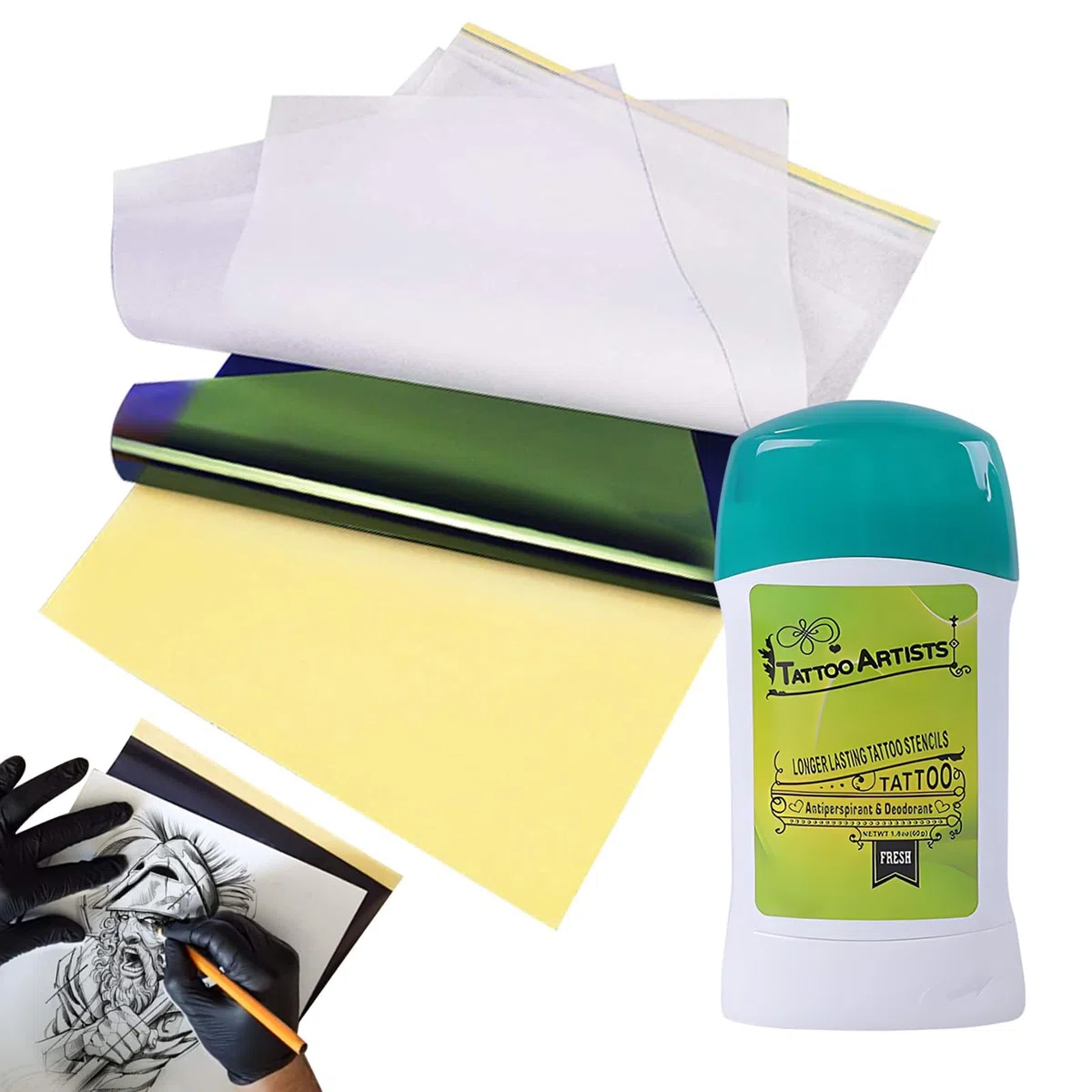 Tattoo Transfer Kit, 50 Blatt Stencil Paper & 2 Transfer Gel (102g) - Professionelles 4-Lagen Papier und Pflanzliches Gel, Hygienischer Drehauf-Spender für Anfänger & Profis