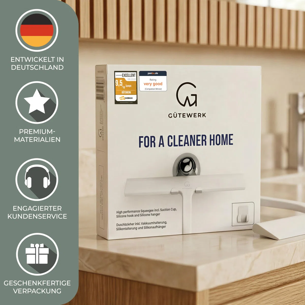 GÜTEWERK Duschabzieher Set mit Haken - weiß 23 cm - ohne Bohren breiter Silikon Abzieher Dusche Bad Badezimmer Fenster Edelstahl Fensterabzieher Scheibenabzieher breit Saugnapf halterung Badabzieher