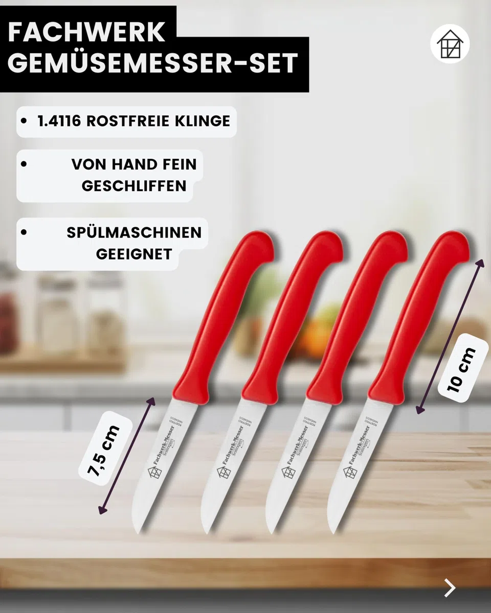 Fachwerk Gemüsemesser 4er Set – Küchenmesser aus Solingen, 7,5 cm Klinge, 2x rot & 2x schwarz – scharfes Schälmesser aus rostfreiem Edelstahl – Qualitätsmesser Made in Germany