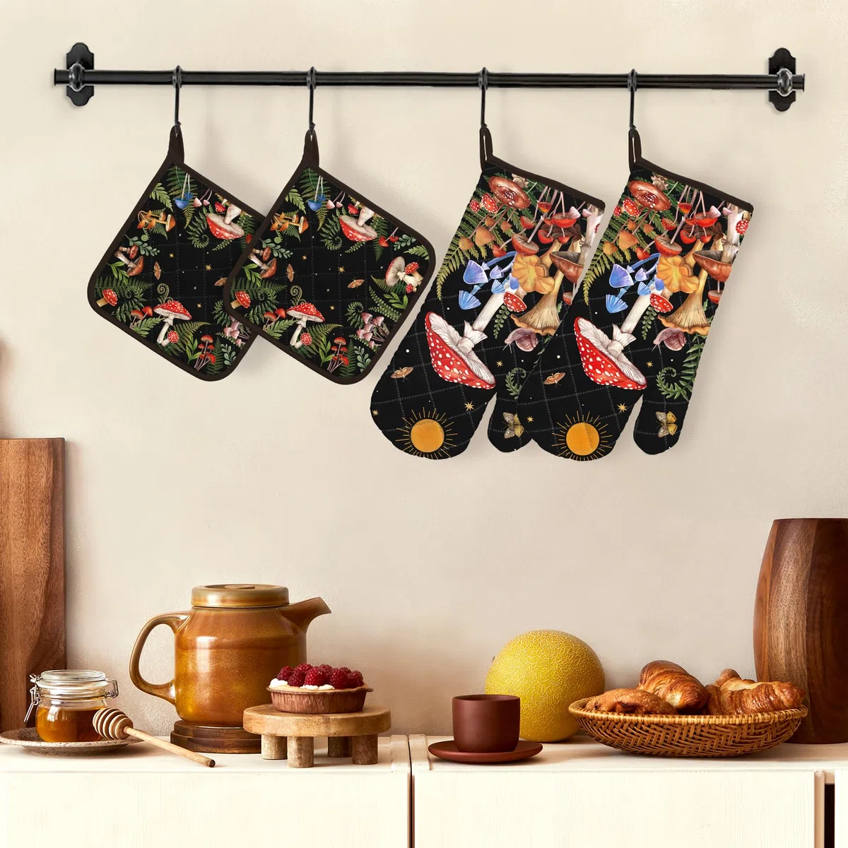 Ofenhandschuh und Topflappen Pilz 4er Set, 100% Baumwolle Kochhandschuhe, Hitzebeständiger Küchenhandschuh Zum Kochen Backen Grillen Geschenk