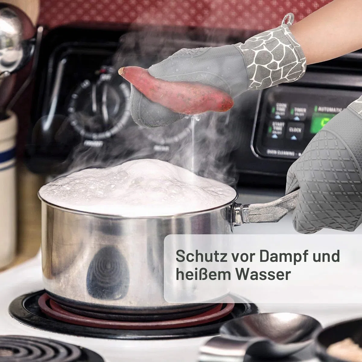 Ofenhandschuh, Topfhandschuhe Anti-Rutsch Hitzebeständige Silikon und Baumwolle 1 Paar und 2 Topflappen (Gray)