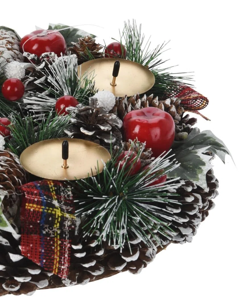 Bambelaa! Künstlicher Adventskranz mit 4 Kerzenhaltern in Gold Geschmückt Tannenzapfen roten Beeren 27cm - 40 cm (Braun, 27 cm)