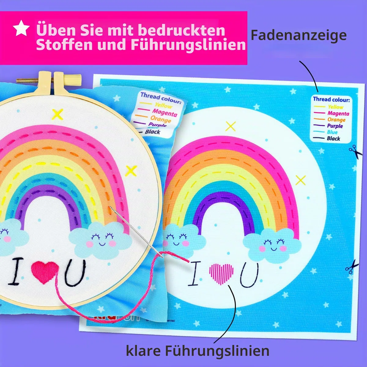 KRAFUN Mein erstes Stickset für Anfänger, Kinder und Jugendliche, einfache Stickmuster, Handstickerei-Set enthält Reifen, Tuch, Anleitung für Stiche, Anfänger-Stickset für Erwachsene