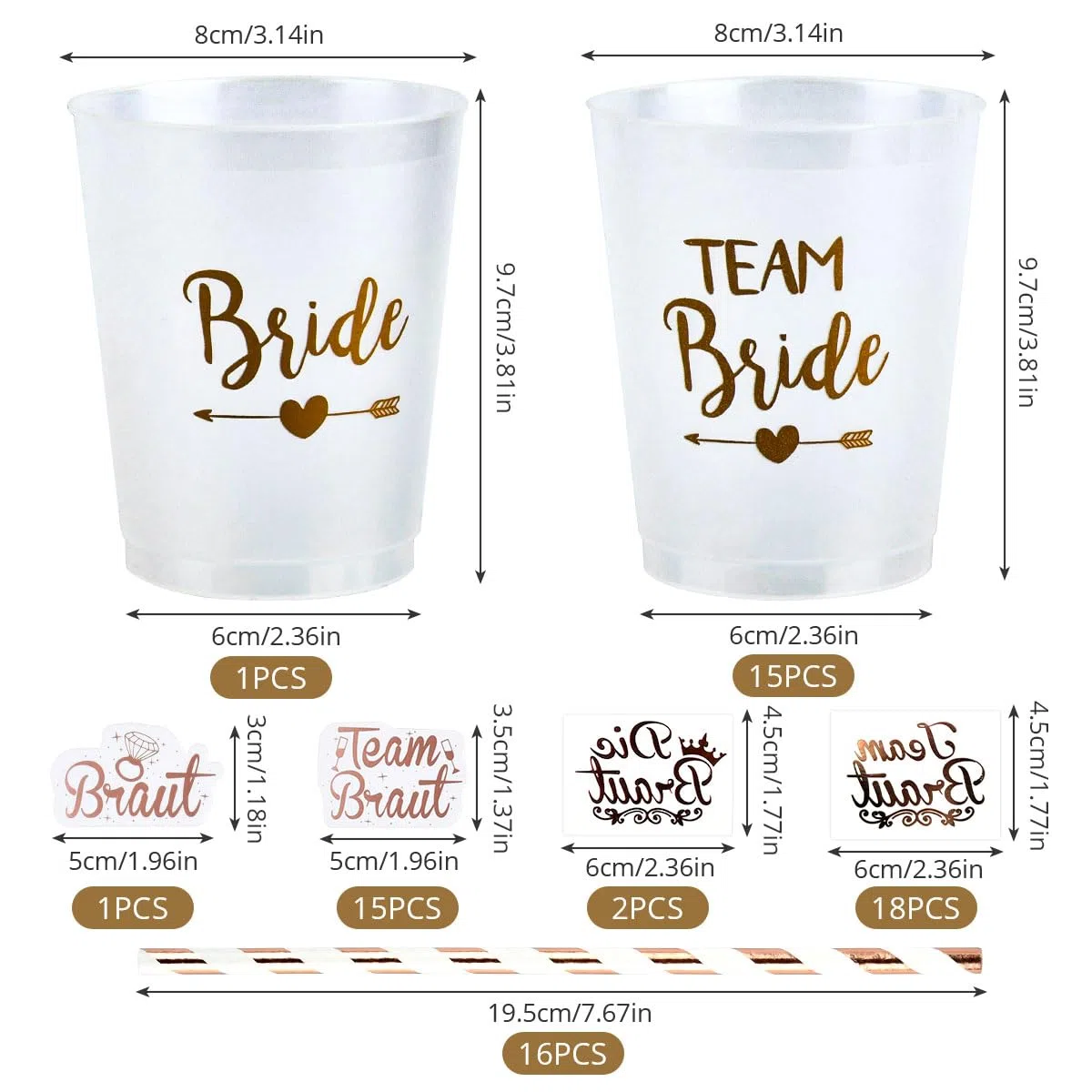 16 Set JGA Becher Braut Team Tassen,JGA Becher Bride Tribe Cups mit 16 Team Braut Strohhalme,20 JGA Bride to be Tattoo,Rose Gold Bridal Dusche Tassen,Bachelorette Party Cups für Verlobungsfeier