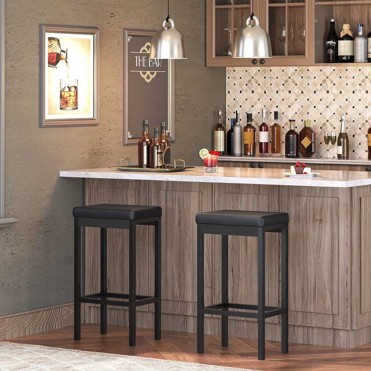 HOOBRO Barhocker 2er-Set, Barstuhl für die Küche, Küchenhocker 5 cm gut gepolsterte Sitzfläche, 63 cm hoch, einfache Montage, für Küche, Restaurant, Cafeteria, Theke, Schwarz EBB21BY01
