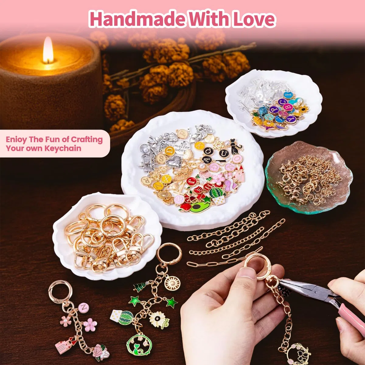 432 Stück DIY Schlüsselanhänger Basteln Charms Anhänger Set, Keychain Set mit Charms, Schlüsselanhänger Clips, Verlängerungsketten, Biegeringen und Schmuckzange, Selber Machen von Schlüsselanhängern