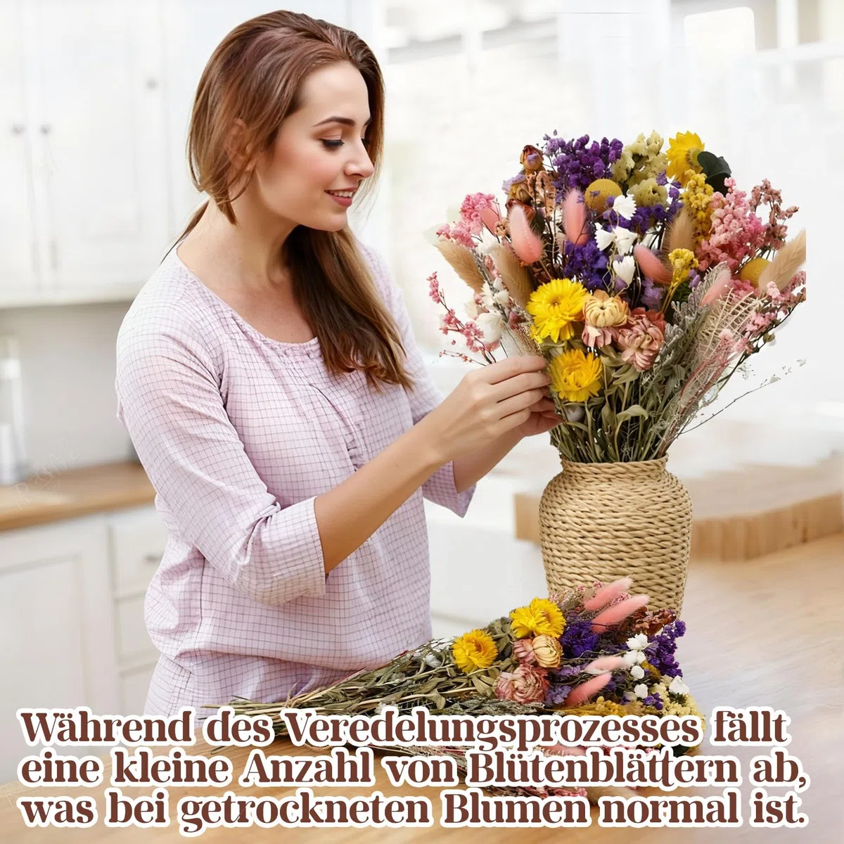 46 Stück Trockenblumenstrauß Deko Set, 15 Sorten Trockenblumen Blumen, Bunt Getrocknete Blumen, Natürlichen Strohblumen für Wohnzimmer Home Hochzeit Vasen Tischdeko