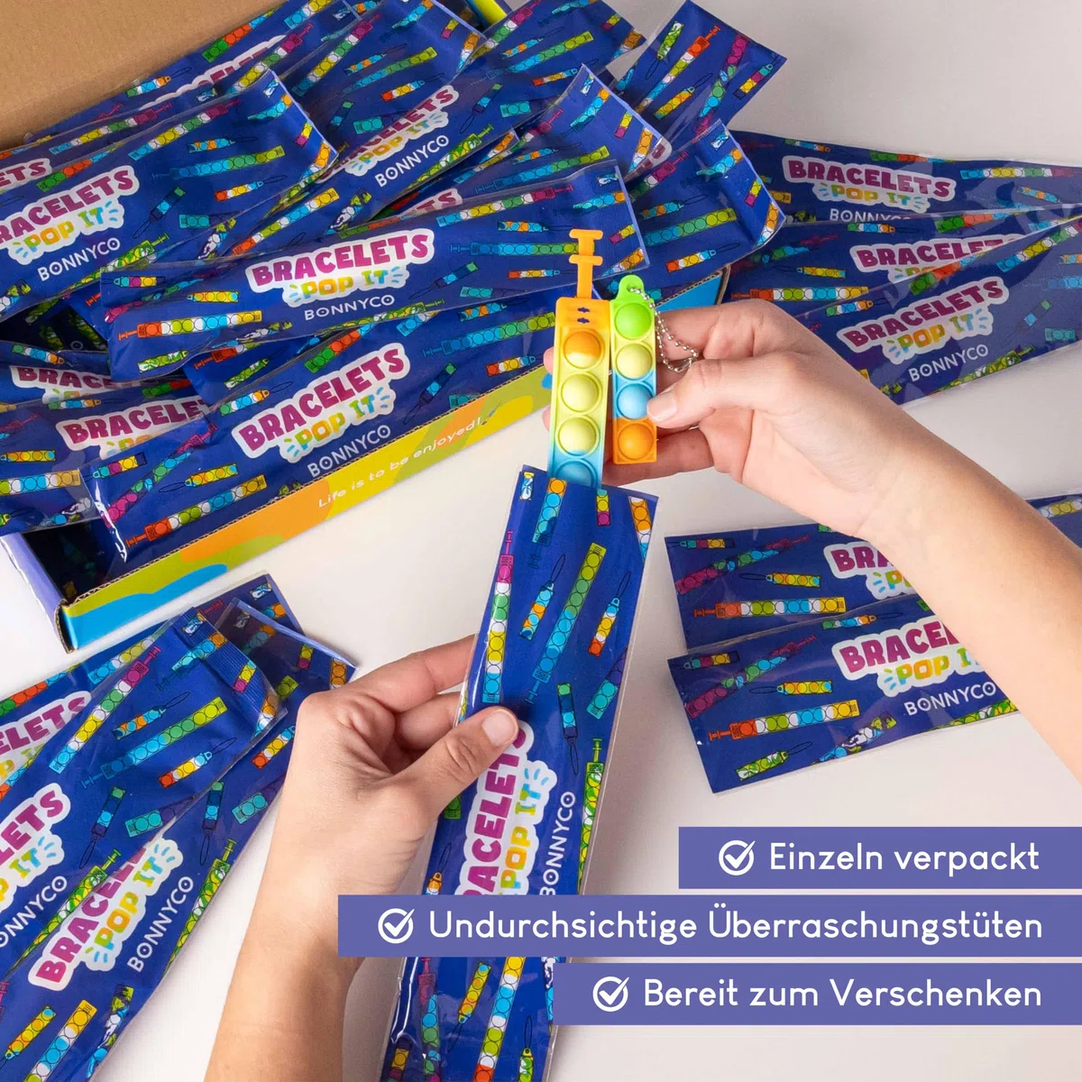 BONNYCO Armband und Schlüsselanhänger Pop It, Set 30 Mitgebsel Kindergeburtstag Gastgeschenke.Fidget Toys, Kleine Geschenke für Kinder. Mitbringsel Kindergeburtstag, Pinata Füllung Give Aways