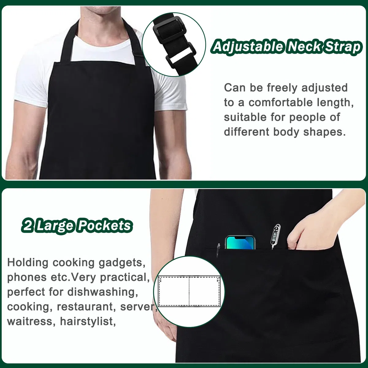2 Stücke Übergrößen Schürzen mit 2 Taschen, Verstellbare Kochschürze für Männer und Frauen, Große Arbeitsschürze für Gastronomie, Grill, Küche, Geschäft, Bistro, Bar, Café, Garten (Schwarz)
