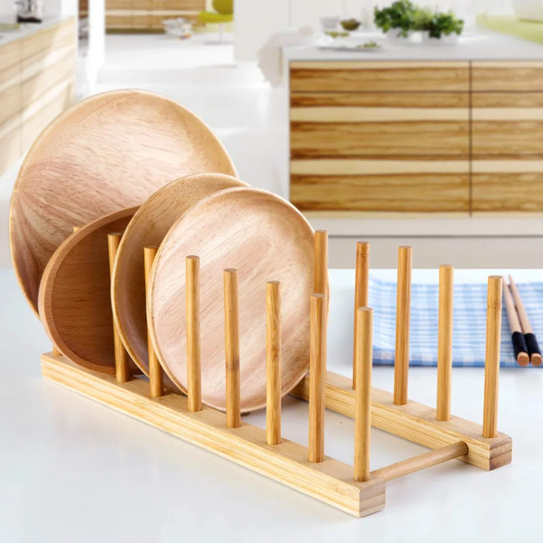 Lawei 4 Stück Bambus Abtropfgestell Bamboo Tellerständer Bambusregal Küche Holz Abtropfbrett Abtropffläche Lagerung Inhaber Platzsparend Küchenschrank-Organizer für Schüssel Tasse Schneidebret Buch