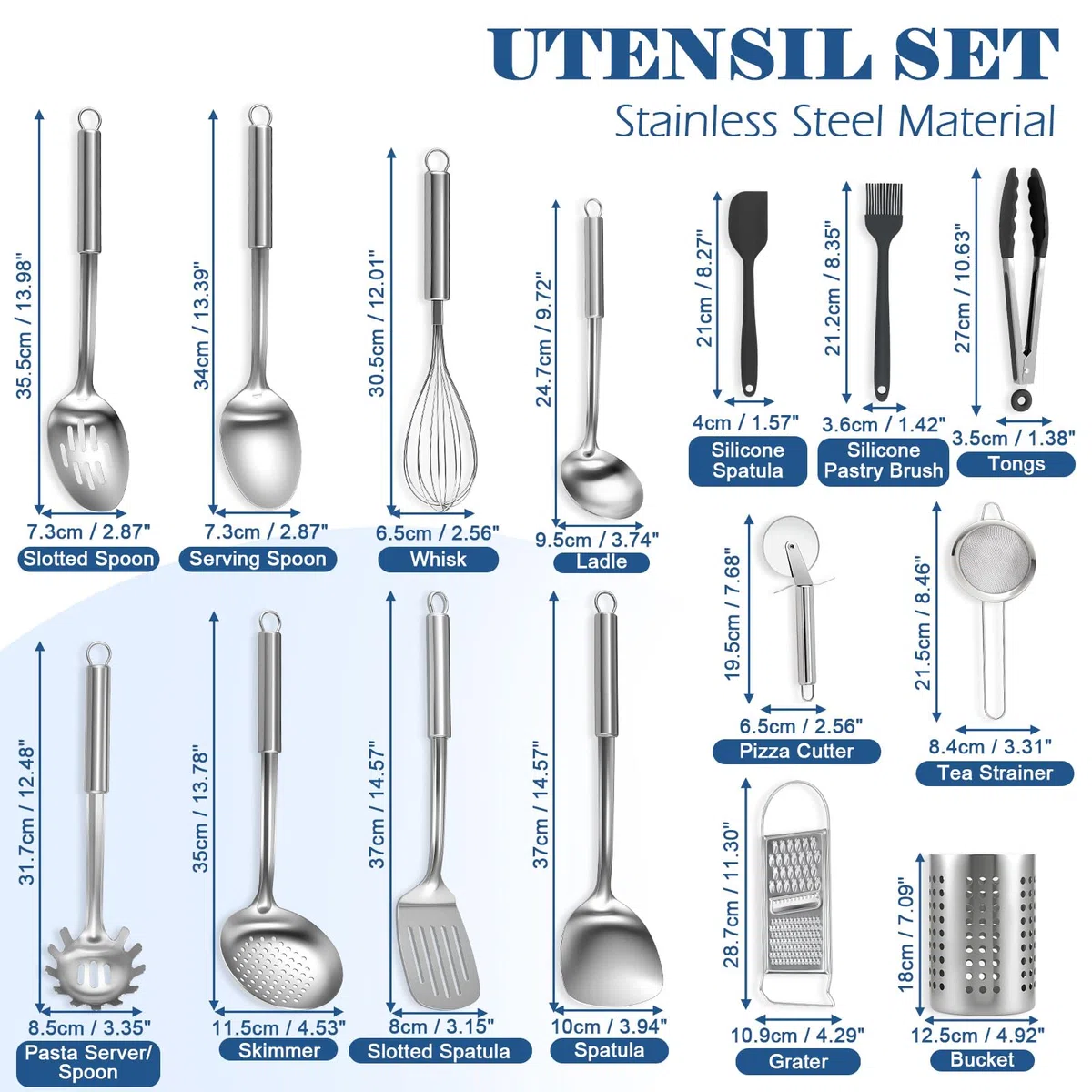 BEWOS 15-teiliges Küchenhelfer Set - Edelstahl Kochlöffel Set, Küchenutensilien mit Spateln und Aufbewahrungsbox, Ungiftig, Spülmaschinengeeignet & Hitzebeständig