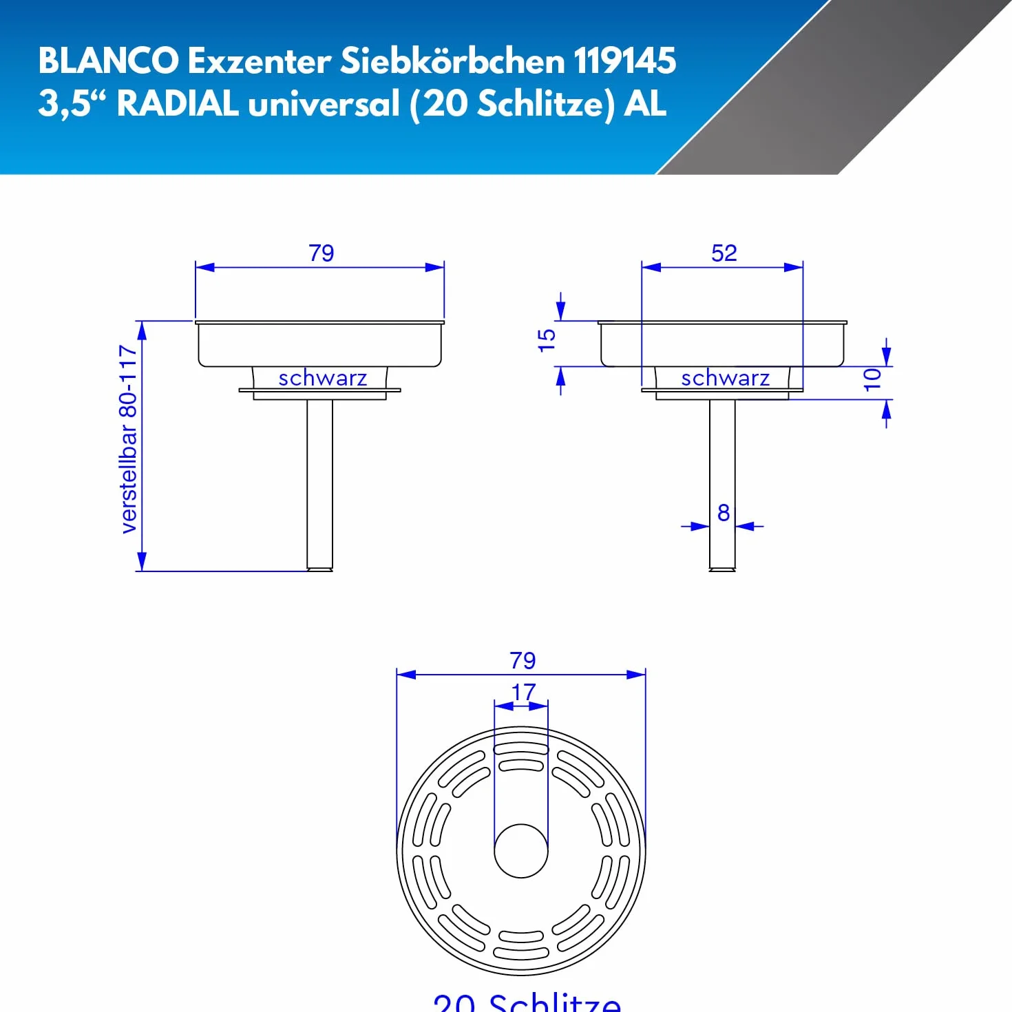 Blanco Siebkörbchen 3,5" | für Ablauffernbedienung | Ø= 79 mm universal (20 Schlitze) AL | RADIAL | Ø 7,9 cm