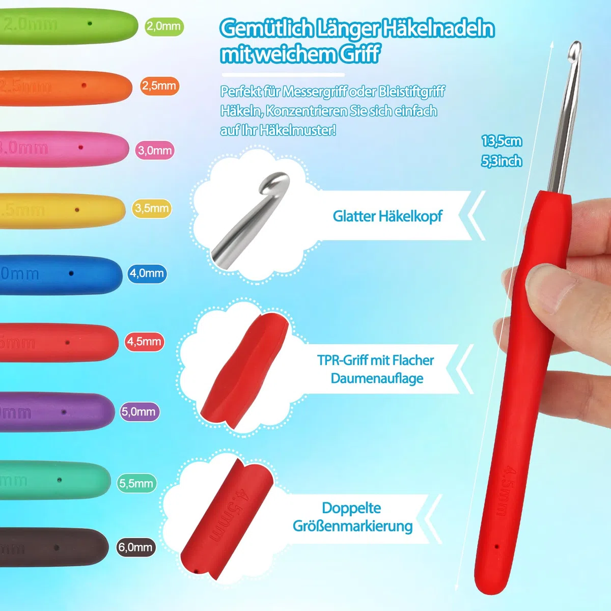 Coopay Tragbar Häkelset für Anfänger, Häkelnadel Set mit 15 Wolle, Tasche, Häkelzubehör, Ergonomische Häkelnadeln mit Weicher Griff und Metall Häkelnadel, 2,0-10 mm Praktische Häkelnadel Set Geschenk