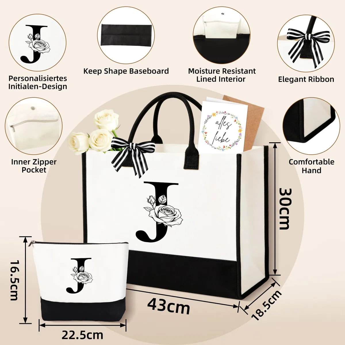 Geschenke für Frauen – Personalisierte Initial A-Z Canvas Einkaufstasche & Kosmetiktasche, Grußkarte – Praktisches & Emotionales Geschenk für Mama, Freundin, Kollegin oder Schwester