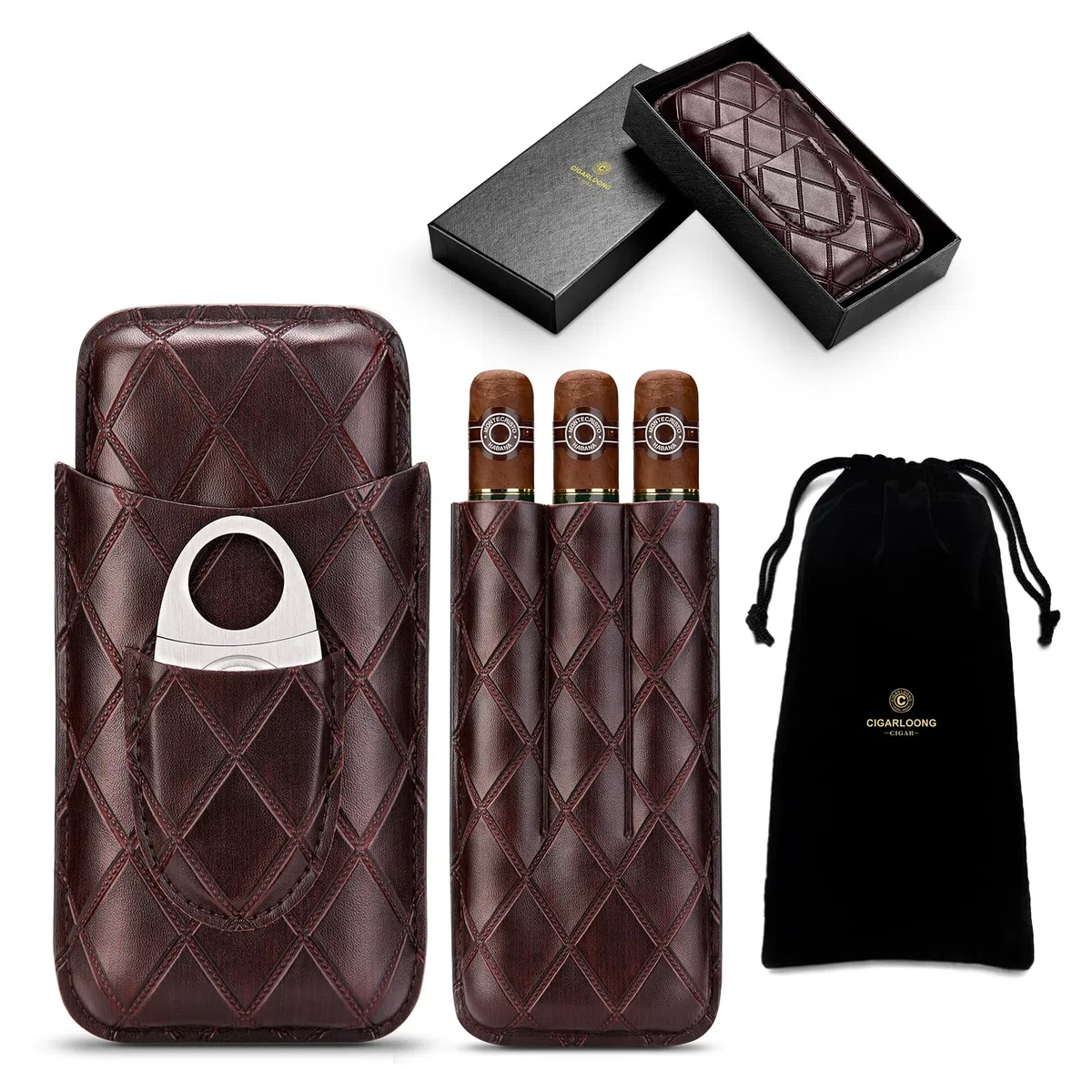 Zigarrenetui Leder Reise Humidor für 3 Röhren, Reise Zigarrenetui Tragbarer Zigarren Humidor Box mit Zigarrenschneider aus Edelstahl, Samttasche und Geschenkbox für Draußen, Kirschfarbe