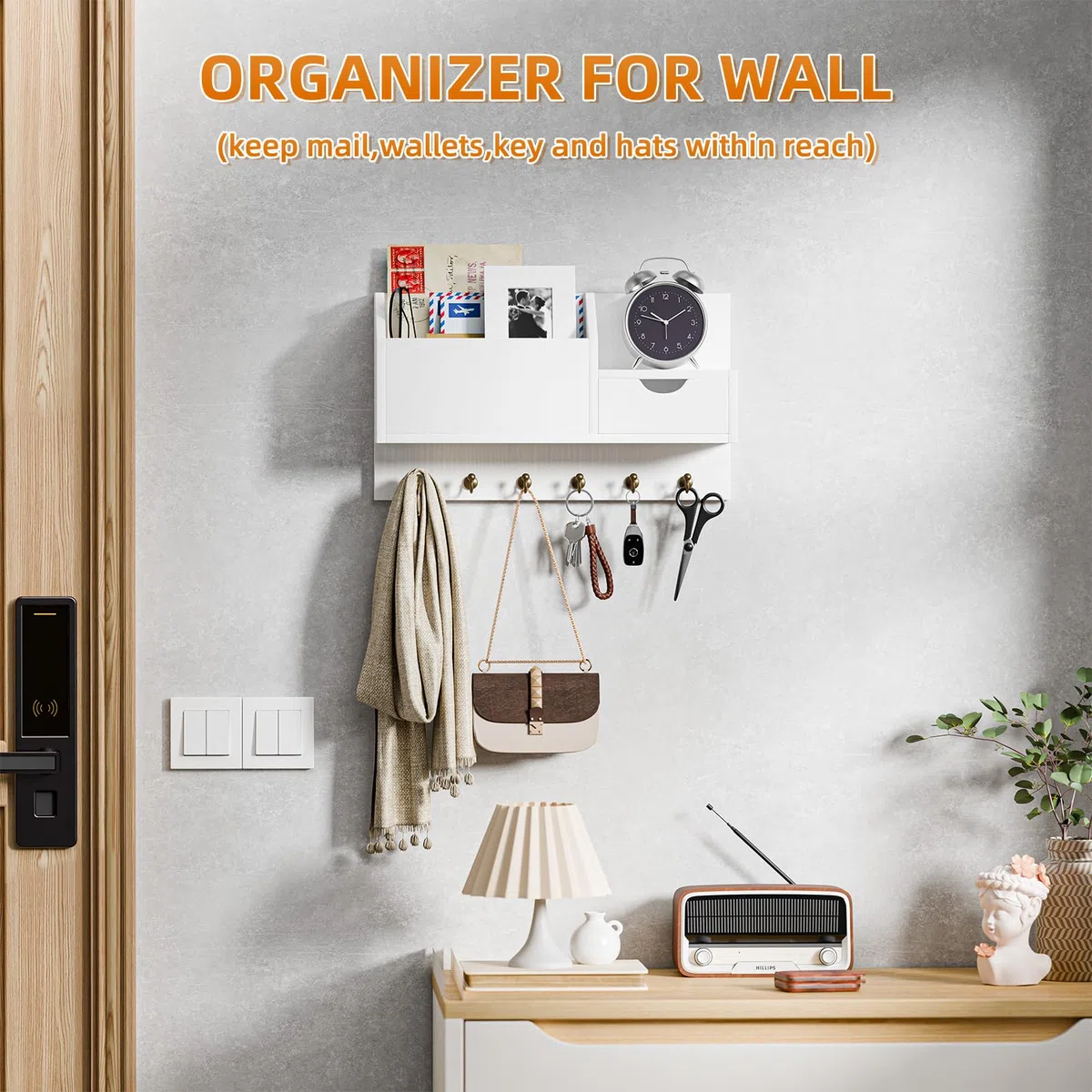 Schlüsselablage, Wandhalterung mit 6 Haken und Aufbewahrungsschublade, Schlüsselbrett Holz, Wand Schlüsselhaken, Wandregal für Schlüsselanhänger Organizer, für Eingang Wohnzimmer Flur Büro (weiß)