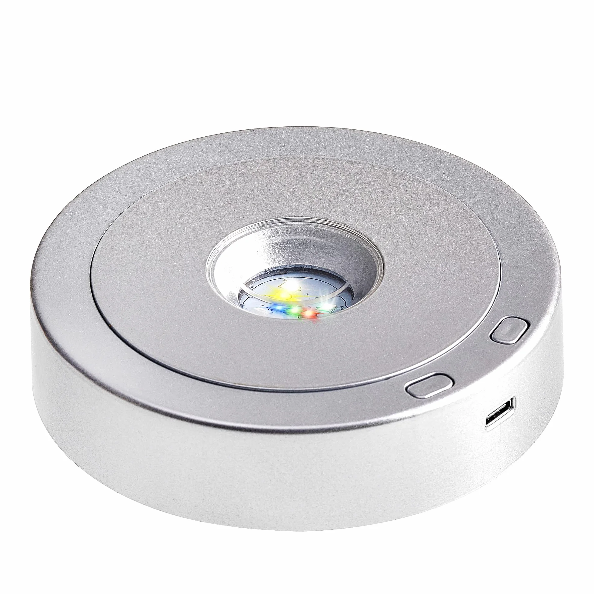 EUSTUMA Rotierender LED-Display-Sockel, buntes Licht, Kristallständer, geeignet für kugelförmige Glaskristall-Kunstwerke, Urlaubsparty-Dekoration. (Silber)