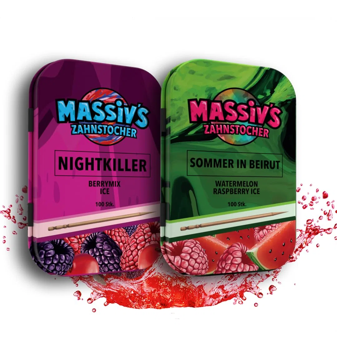 Massiv's Zahnstocher Bundle – NIGHTKILLER Berrymix Ice & SOMMER IN BEIRUT Watermelon Raspberry Ice – 2 x 100 aromatisierte Zahnstocher – frischer Atem – stylische Metalldosen – vegan, zuckerfrei, kalo