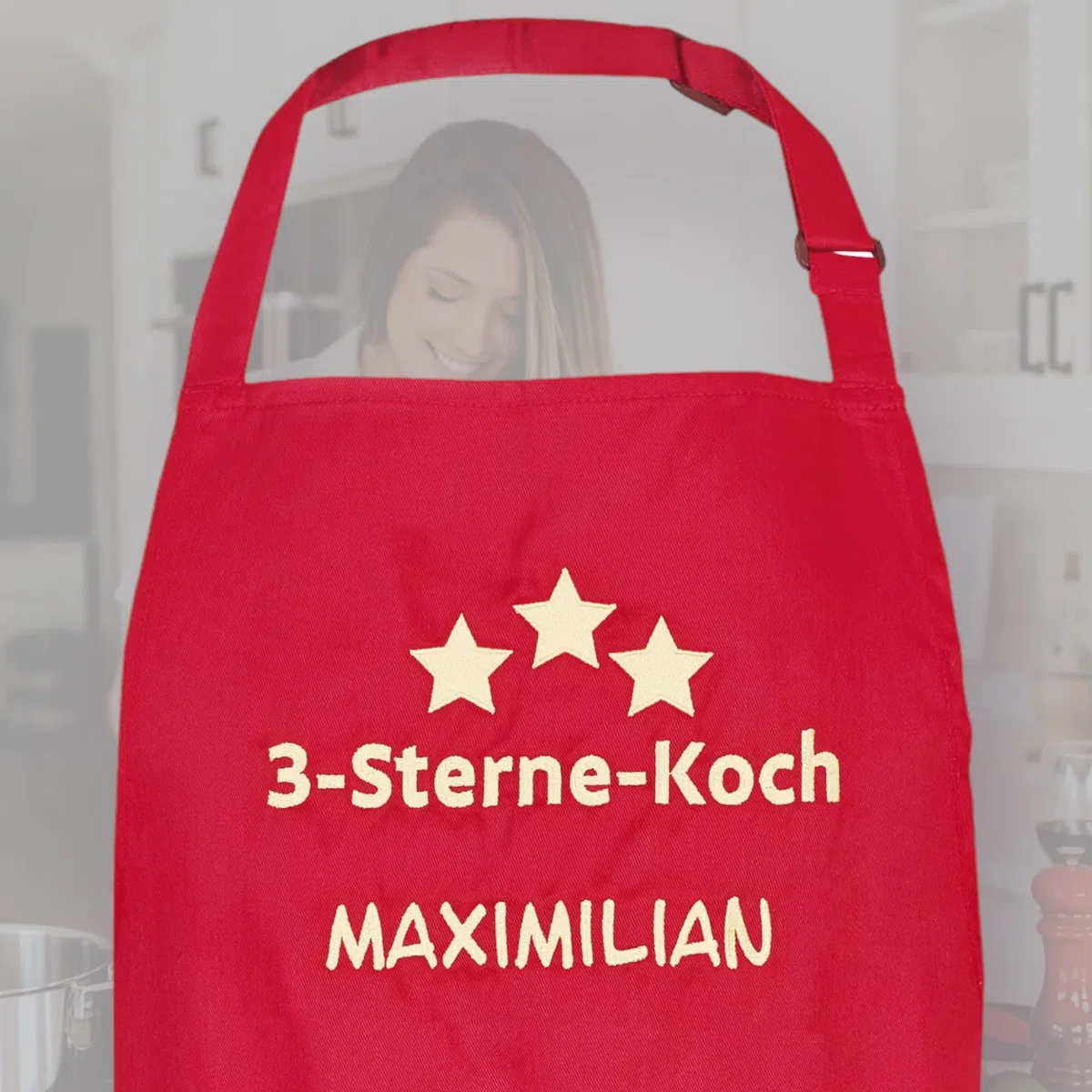 Wolimbo Kochschürze mit Namen - rot - Grillschürze Küchenschürze personalisiert mit verstellbarem Nackenband - Schürze selbst gestalten mit Motiv