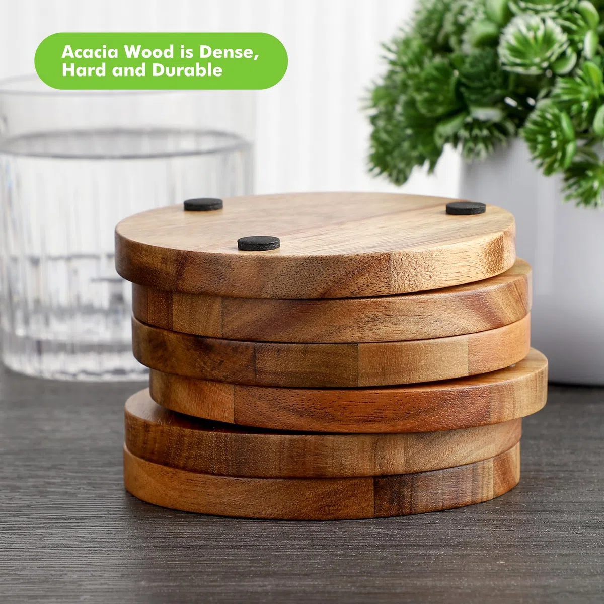 WLWNWFT Untersetzer Gläser Holz 6er Set, Glasuntersetzer aus Akazienholz mit Halter, Holz untersetzer Rund, Tassenuntersetzer Bierdeckel Set