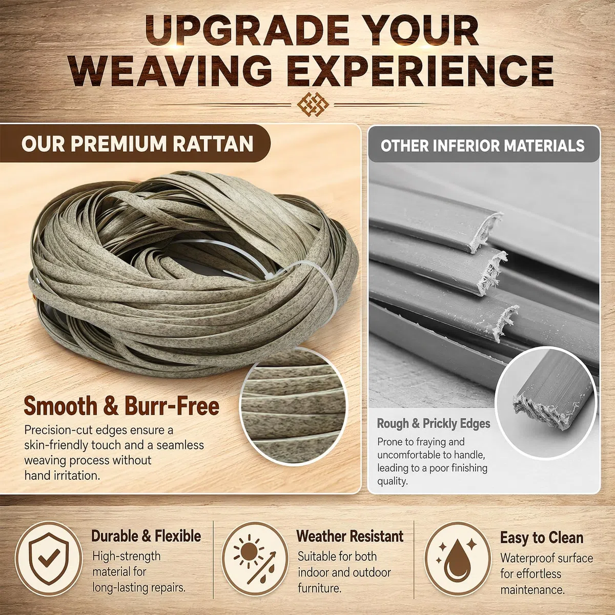 Polyrattan Reparatur 65 m Rolle Flach PE Rattan für Rattan Möbel Reparatur Gartenmöbel Stuhl Tisch Korb Wicker Ersatzmaterial Wetterfest und Strapazierfähig (Grau Meliert)