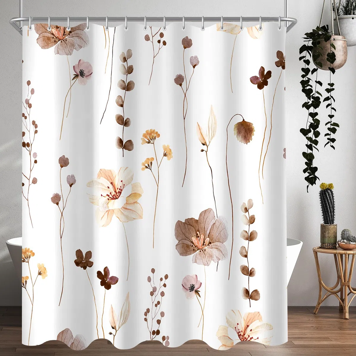 Lerores Duschvorhang 160x160 cm Braun Blume,Beschwerter Saum Antischimmel,Wasserabweisend, Waschbar Polyester Badevorhänge mit 12 Ösen und Duschvorhangringe für Badezimmer,Badewanne