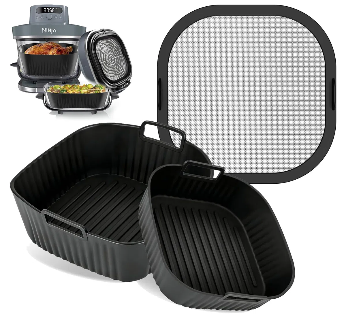 Silikonform+ Spritzschutz Airfryer Zubehör für Ninja Crispi Pro AS101EU | Heißluftfritteuse Zubehör BPA-Frei Airfryer Silikonform+ Edelstahl Spritzschutz für Ninja Crispi Pro XL Zubehör
