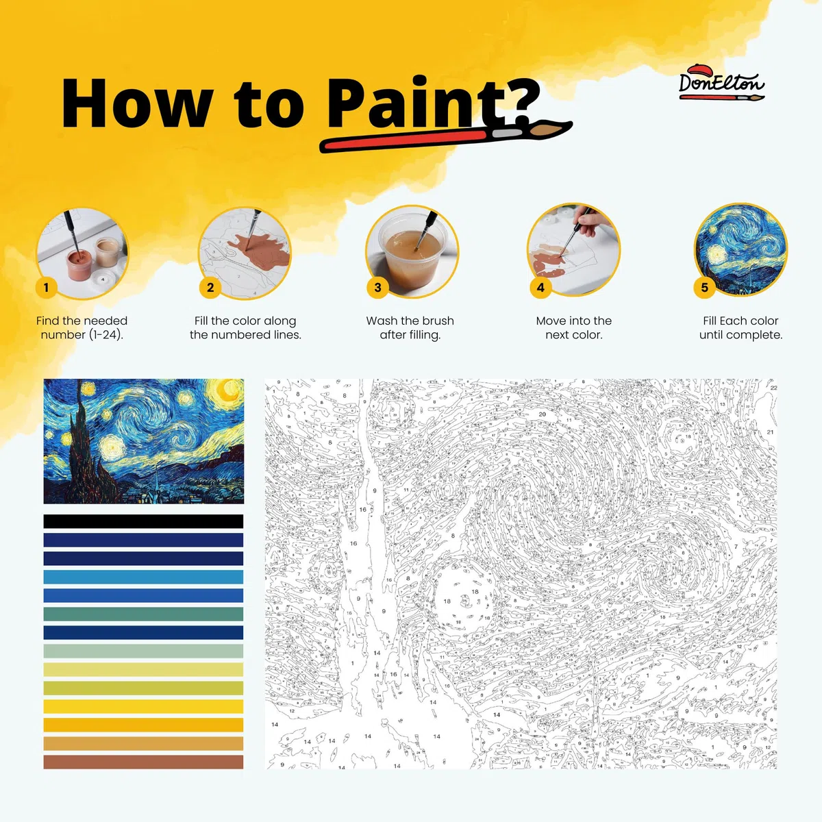 DonElton Malen nach Zahlen für Erwachsene, inspiriert von Vincent van Gogh – 40 x 50 cm Malsets mit Pinseln, Acrylfarben und Leinen-Leinwand, ohne Rahmen – Kreatives Geschenk (Sonnenblumen)