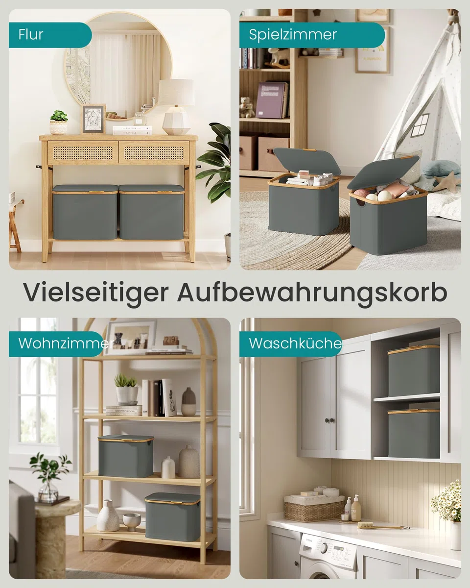 SONGMICS Wäschekorb mit Deckel, Wäschesammler platzsparend, Oxford-Gewebe, zusammenklappbar, Bambusrahmen, für Waschküche, Schlafzimmer, Wohnzimmer, 40 L, 42 x 32 x 30 cm, schiefergrau LCB516GN01