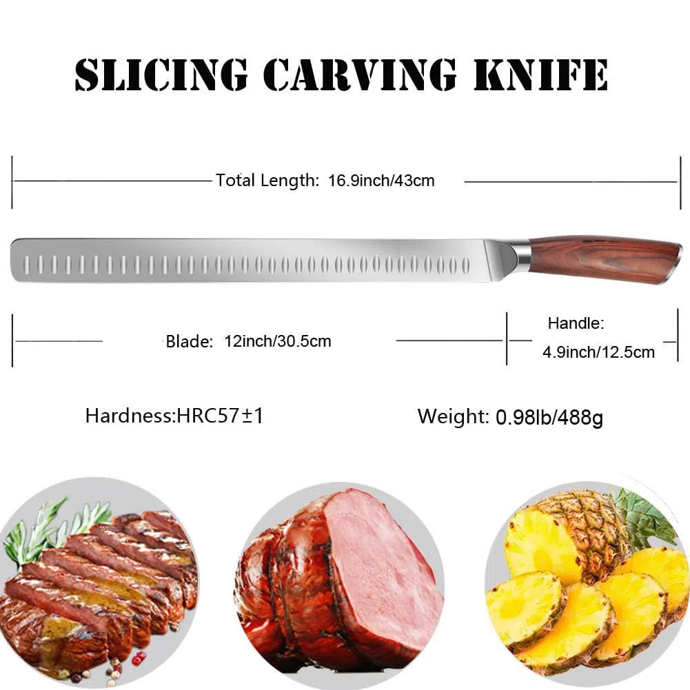 Schinkenmesser Rot Braun 43cm Lachsmesser Extra Scharfe Tranchiermesser Dönermesser Mit Ergonomisches Pakkaholz Griffdesign Küchenmesser Mehrzweck Grillen Camping Kochen Messer BBQ Werkzeug