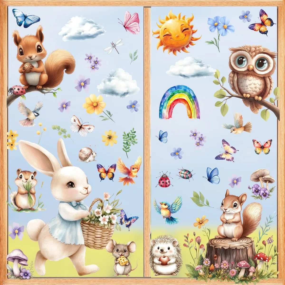 Fensterbilder Kinderzimmer Fensteraufkleber Frühling Kinder Fensterbild Waldtiere Regenbogen Blume Schmetterling Fenstersticker Fenster Abziehbilder Fensterdeko (Tiere)