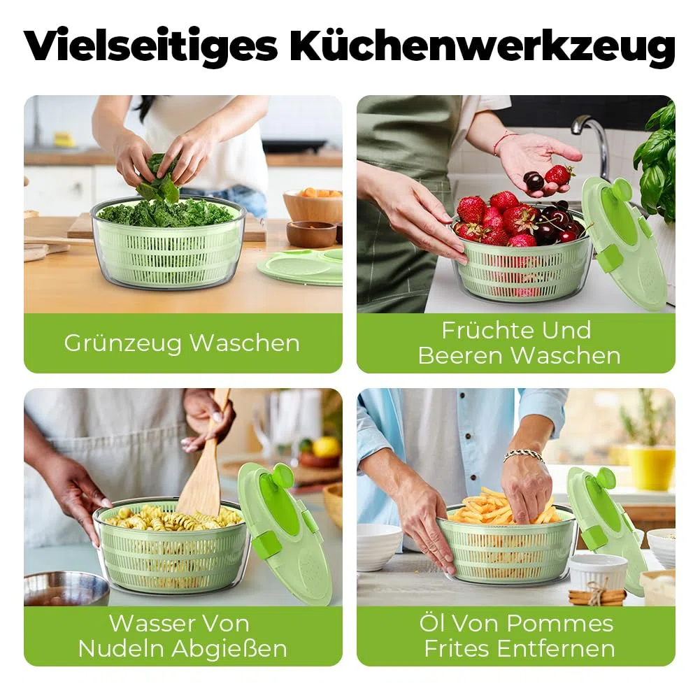 Salatschleuder mit Deckel, Hochwertige Kunststoff, BPA-frei, Salatschleudern mit Kurbelantrieb und 4,5L Salatschüssel und Masche, Wäscht und trocknet Salat, Gemüse und Obst