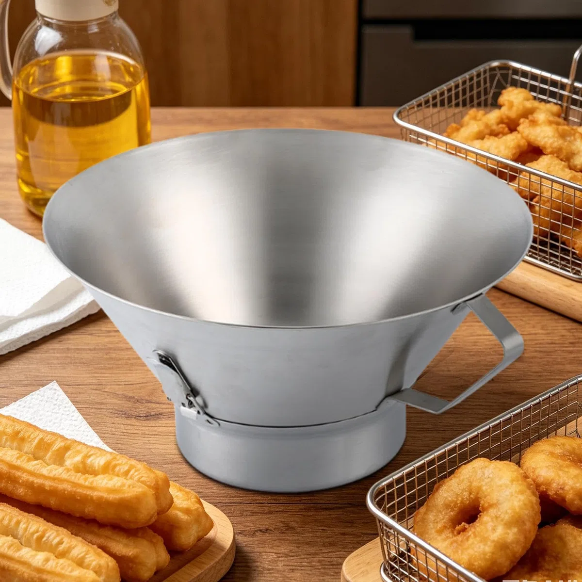 Edelstahl Fritten Sieb mit Auffangschale, Fetttrichter zum Abtropfen von Öl für Pommes Frites Zwiebelringe Hähnchen Fisch, für Hausküche Hobbykoch Frittierliebhaber