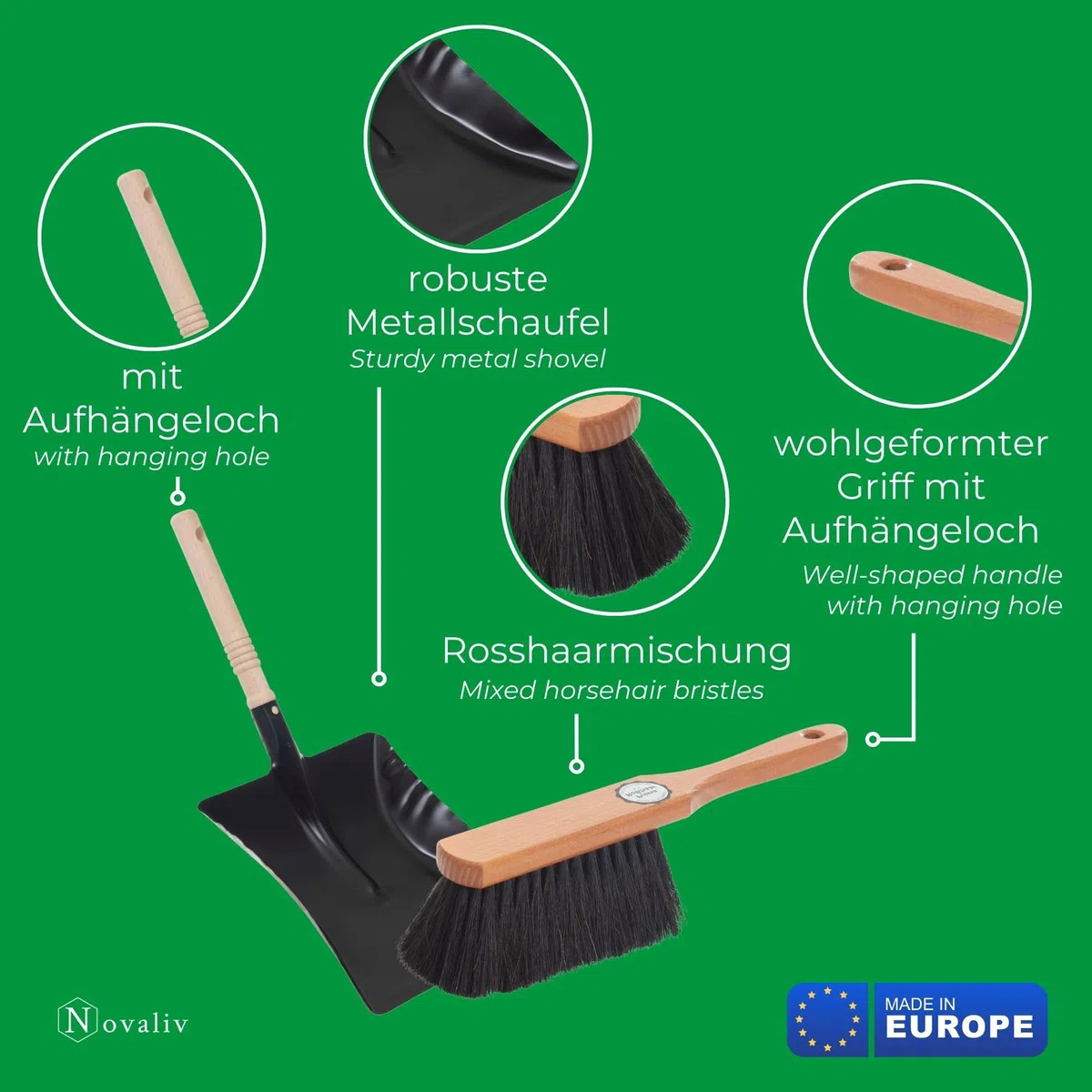 Novaliv Kehrblech Set ROSSHAAR Handfeger Kehrblechgarnitur SCHWARZ Kehrblechbesen - weiche Borsten Handbesen Rosshaar Handfeger Klein -Handkehrset Kehrblechset Kehrschaufel - Feger und Kehrblech