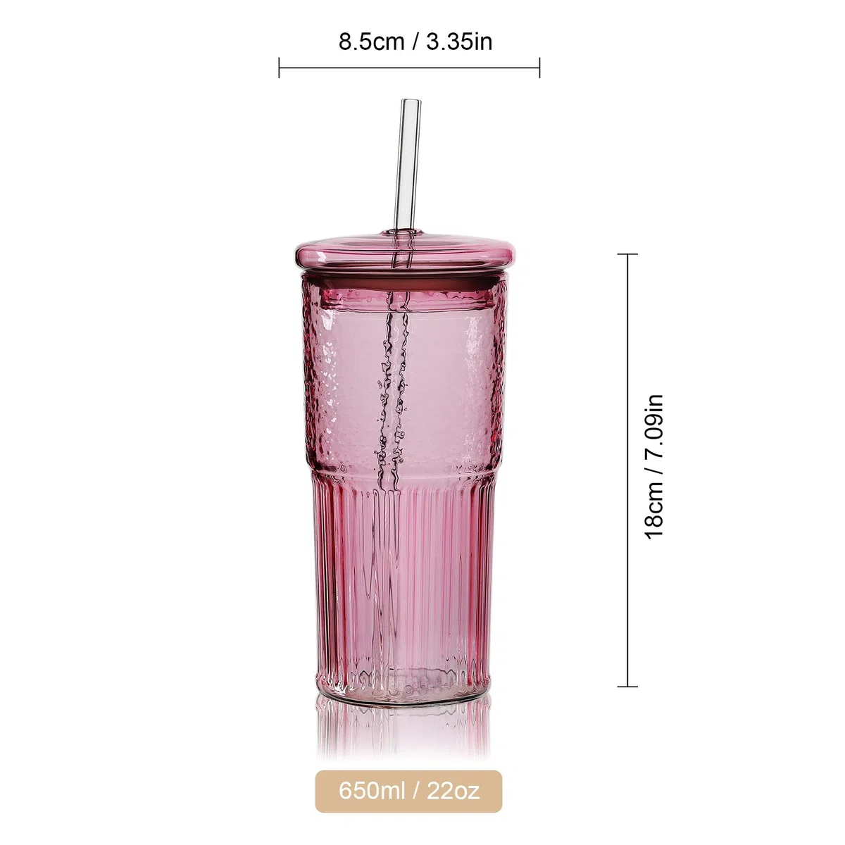 Joeyan 650ml Trinkbecher mit Deckel und Strohhalm (2er Set), Große Smoothie Flasche, Latte Macchiato & Bubble Tea Glas für Outdoor, Reise,Büro,für Matcha,Eiskaffee,Saft,Cocktail-Rosa,Borosilikatglas
