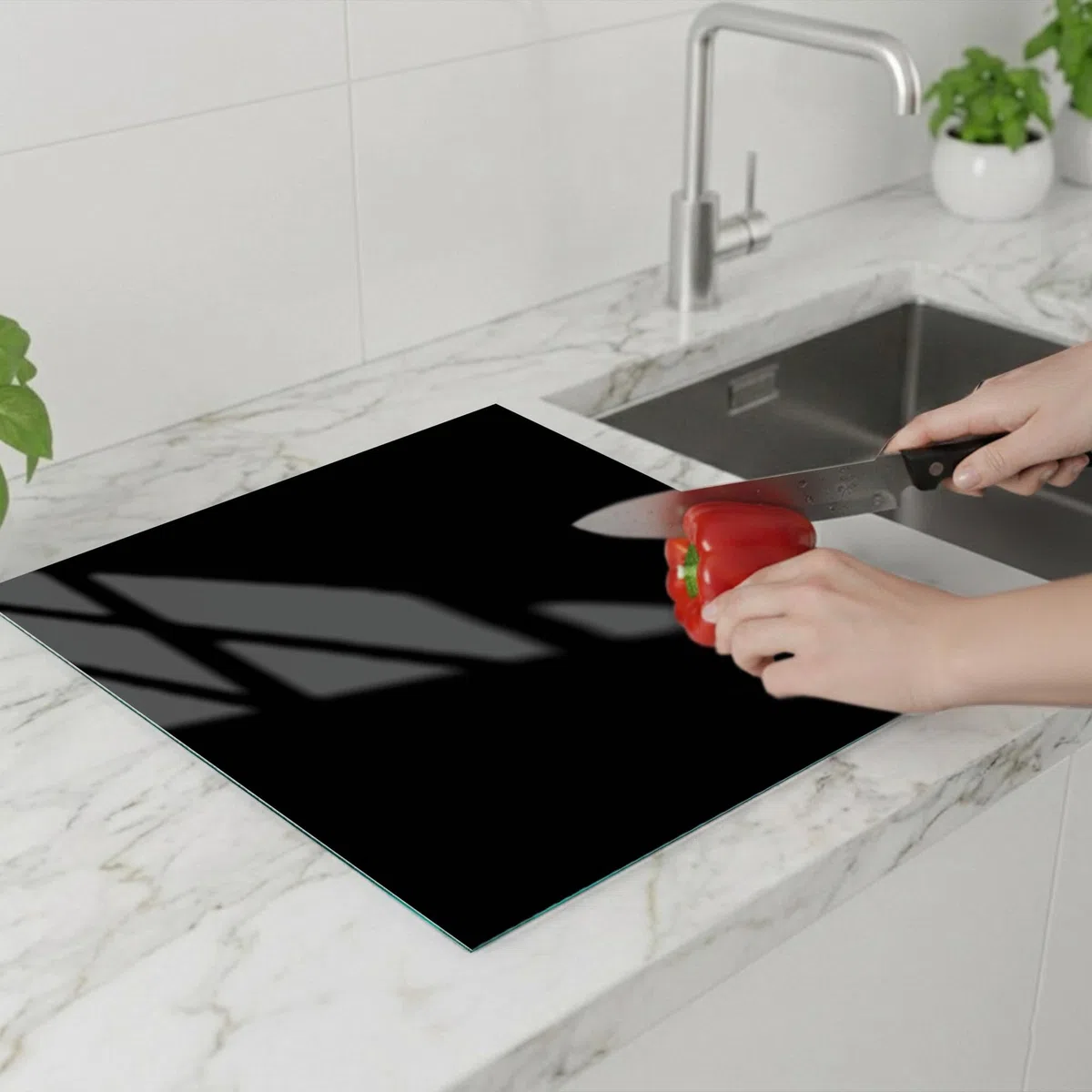 Herdabdeckung Glas Schwarz 1 Teilig 60x52 – Gehärtetes Glas Schneidebrett & Ceranfeld Abdeckplatte – Hochglanz & Blickdicht – Schutz für Induktion, Ceran